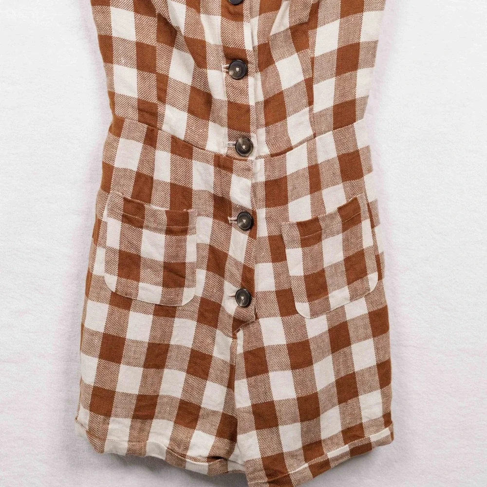 REFORMATION Havana Gingham Linen Button Front Romper Cottagecore Brown Sz 2